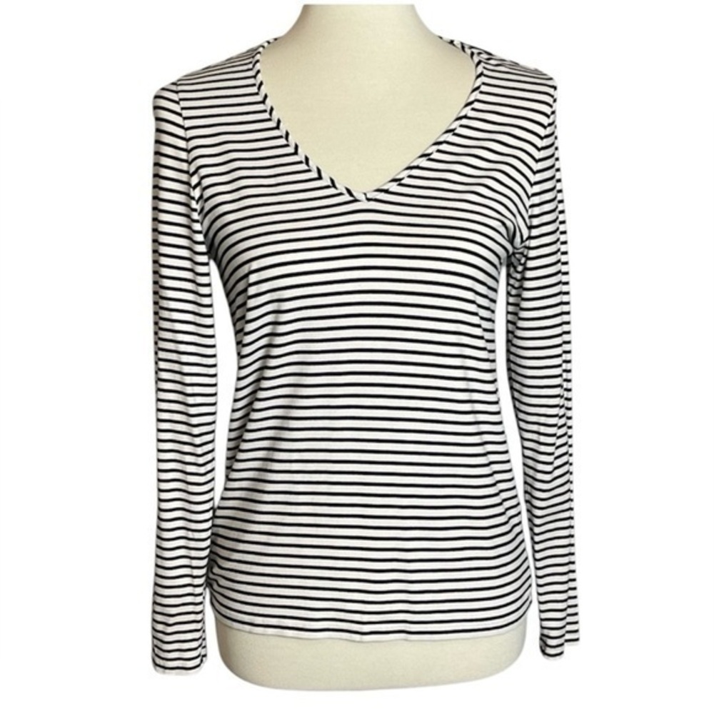 Pure Collection Black & White Striped Long Sleeved V-neck Top Tee - Size 8 / 10